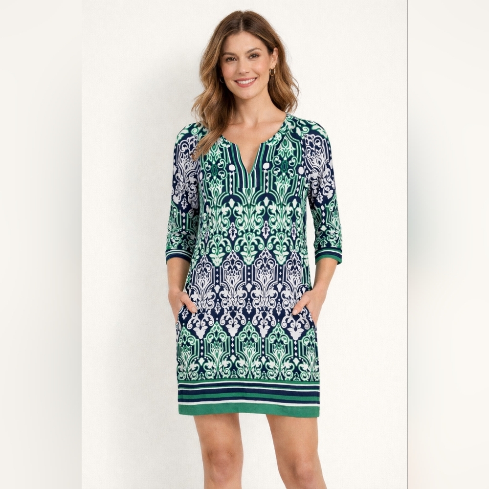 Laundry by Design V-neck Lined Green Blue 3/4 Sleeve Shift Dress Size 2